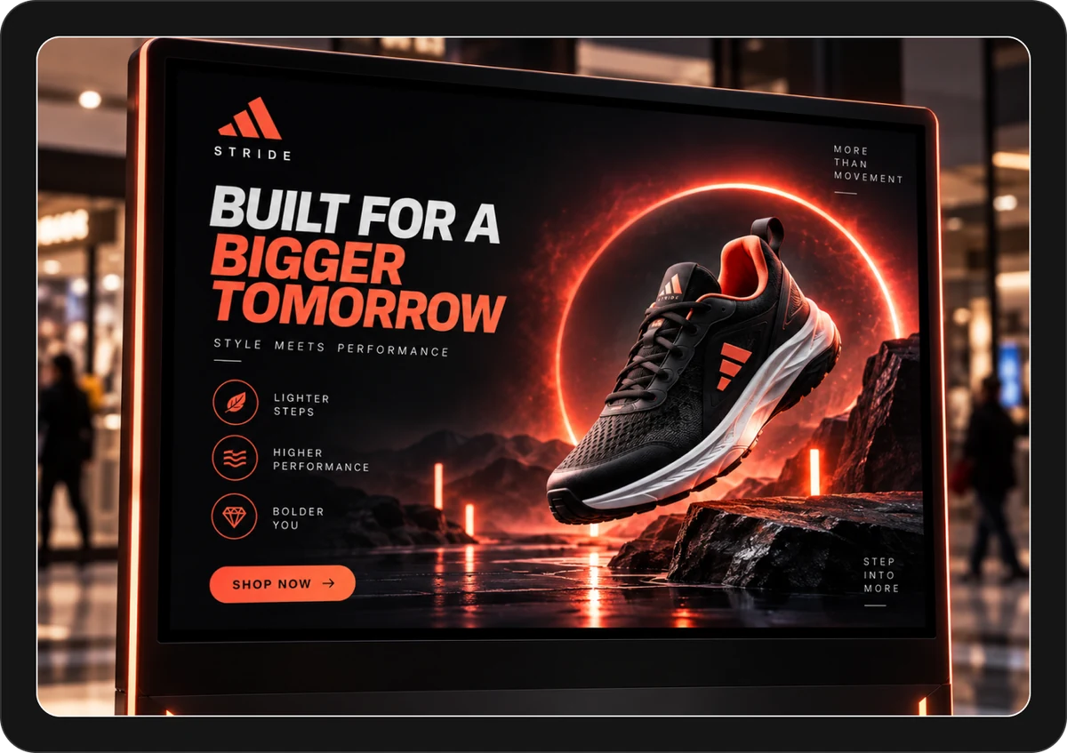 Kiosk screen playing a branded sneaker campaign