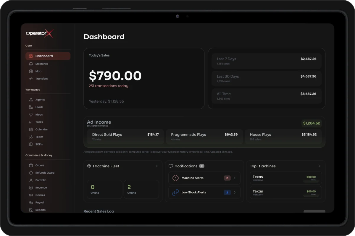 Operator Console dashboard on a tablet with the mobile app beside it