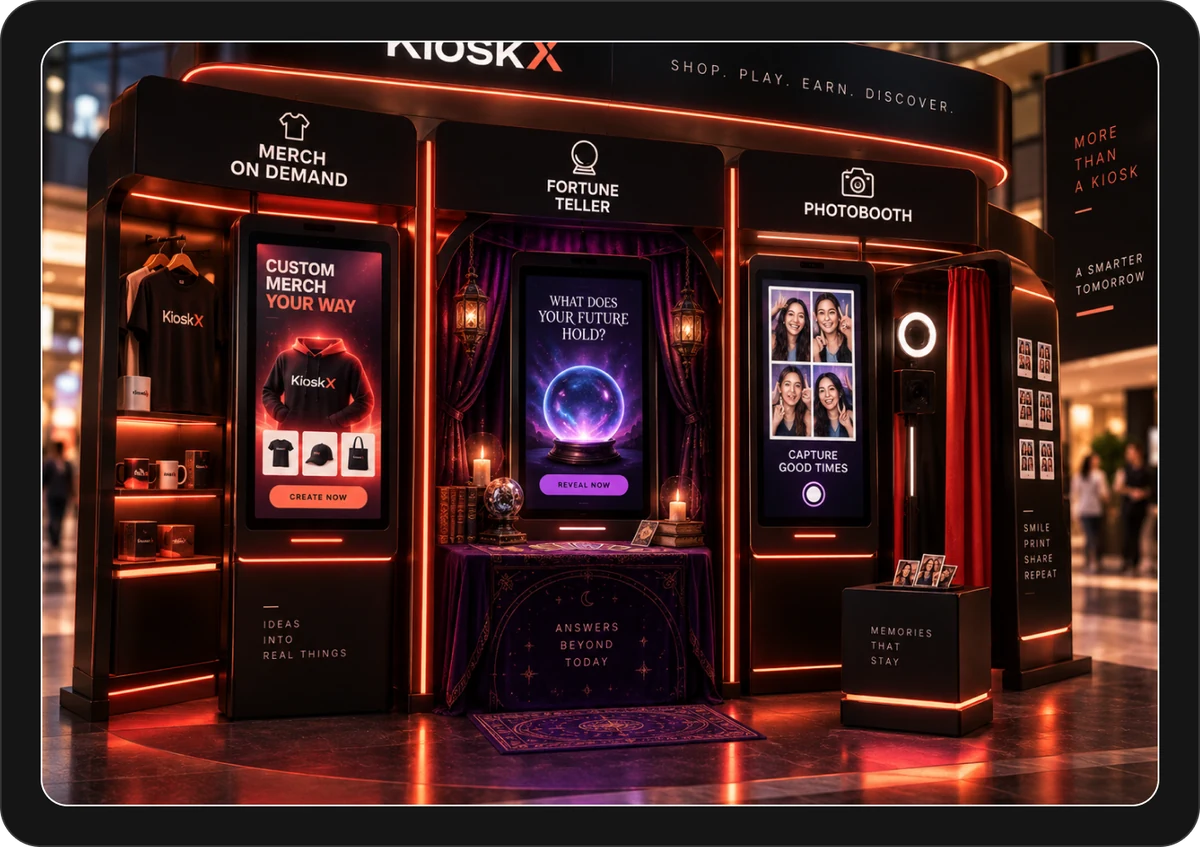 Branded kiosk storefront with photobooth, fortune teller and merch-on-demand stations