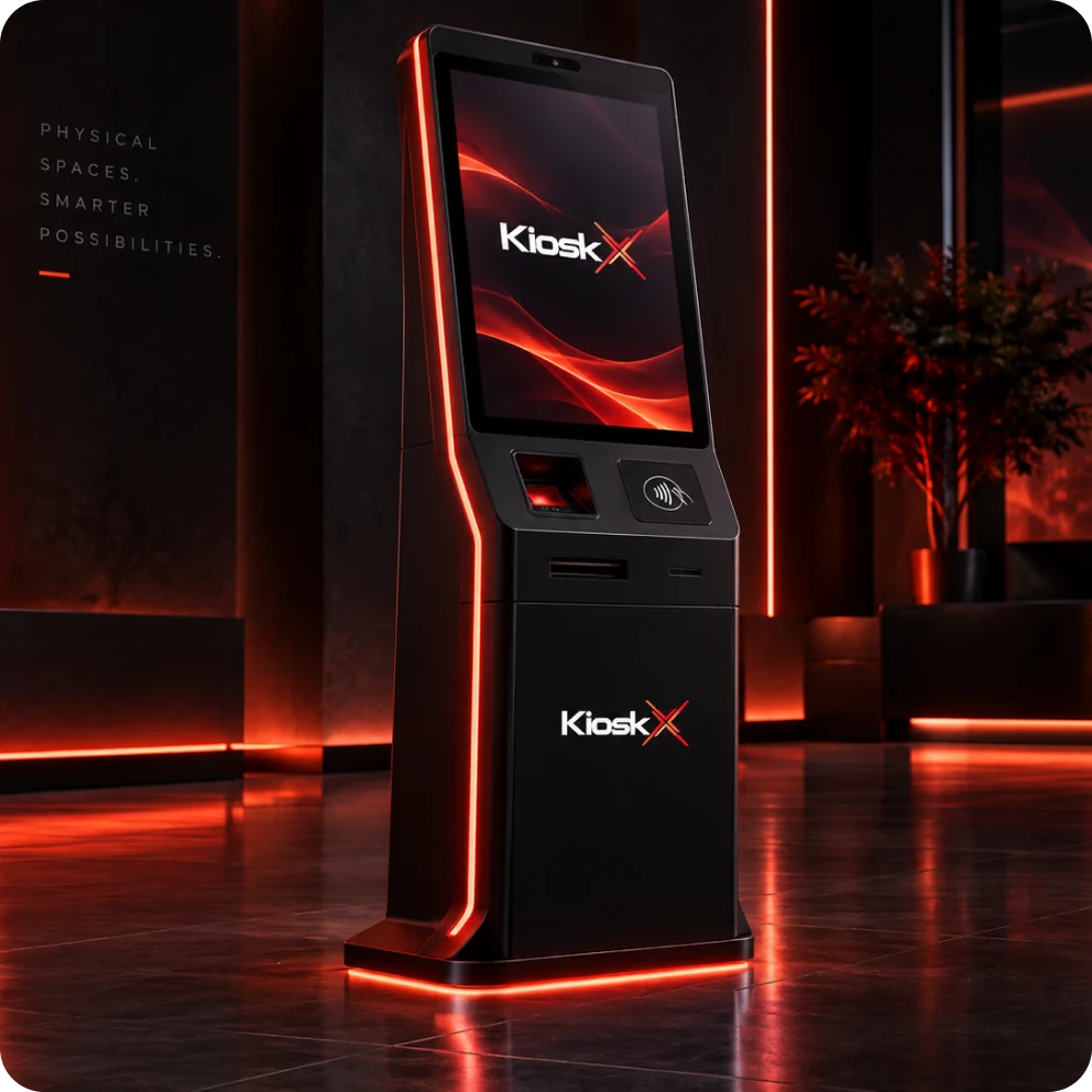 Kiosk X terminal glowing coral in a dark lounge
