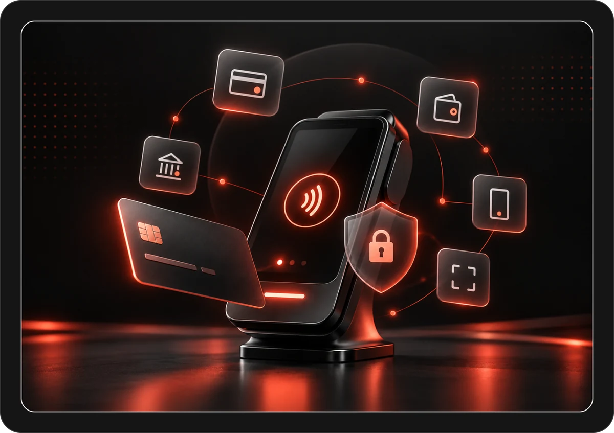 Payment terminal render surrounded by card, wallet and security icons