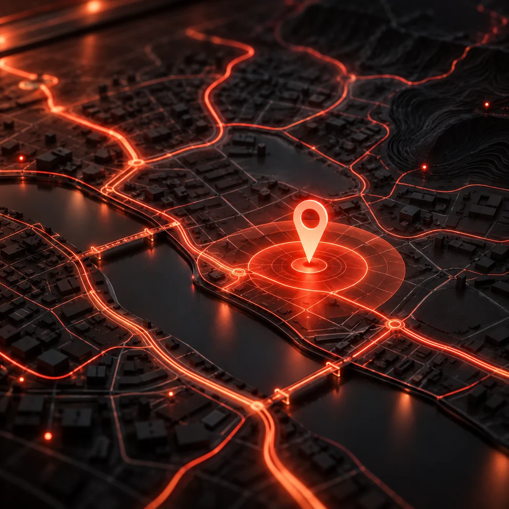 Glowing map render with a location pin over a city street grid