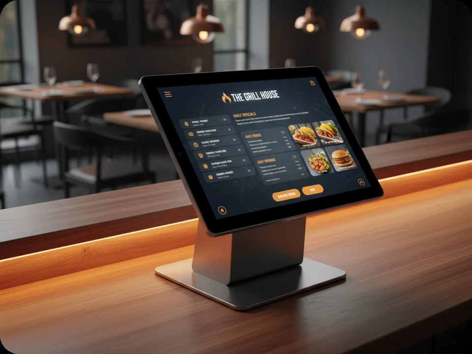 Self-service ordering terminal on a restaurant counter