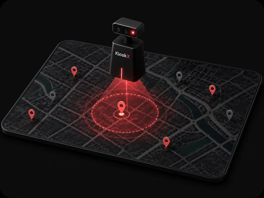 Kiosk X terminal scanning a map surface with location pins