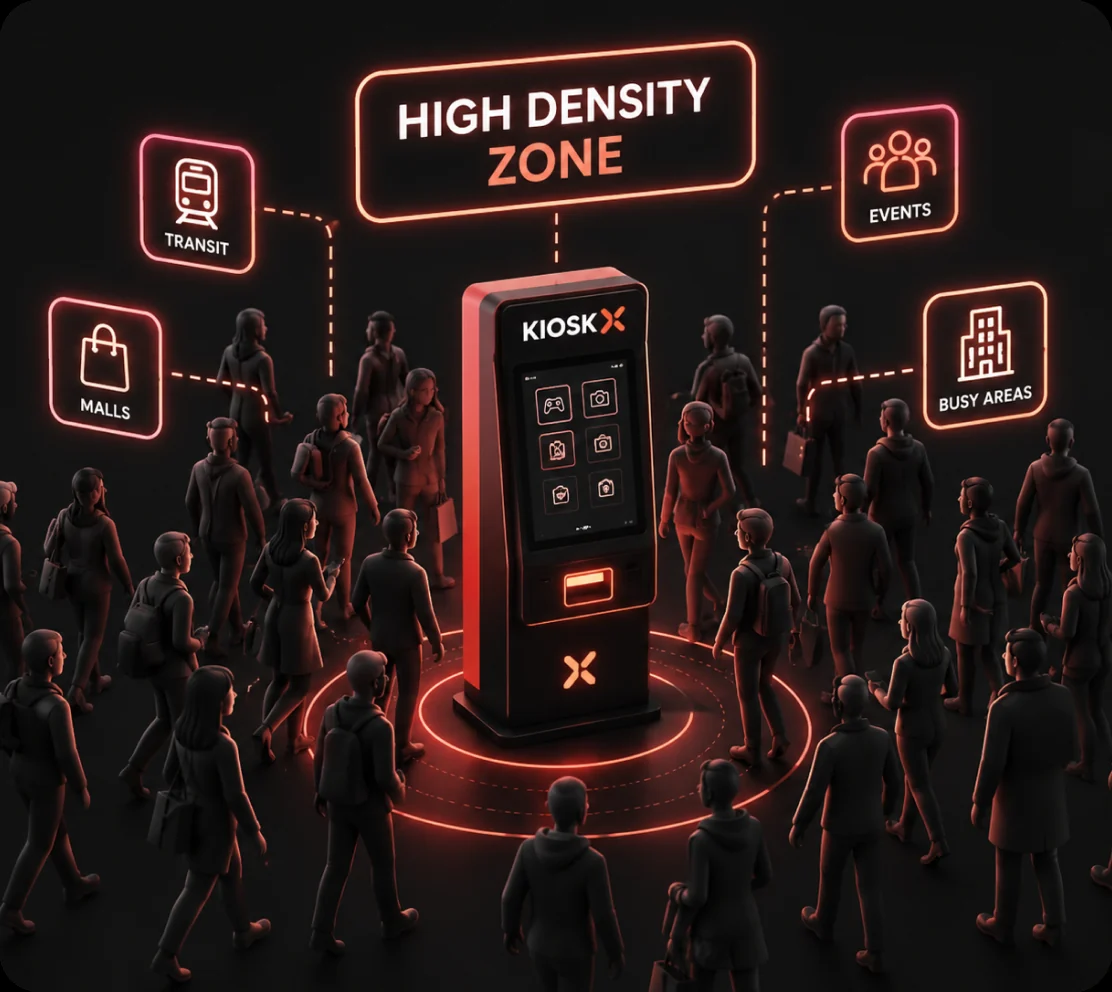 Kiosk X terminal in a high-density zone, surrounded by a crowd with transit, mall and event callouts